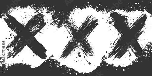 Black grunge brush stroke cross marks painted with messy splatter texture background vector illustration.