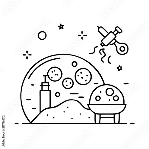 Space exploration with futuristic moon base and rocket - Minimalist line art of a rocket launching near a futuristic moon base under a starry sky
