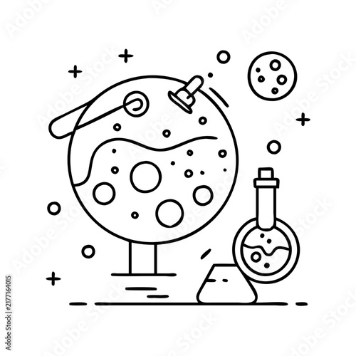 Scientist mixing chemicals in laboratory glassware - Minimalist vector illustration showing lab tools like beakers, flasks, and a test tube with bubbling liquid.