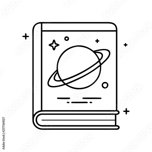 Book with planet and stars illustration - Minimalist vector book icon featuring a planet and starry space design.