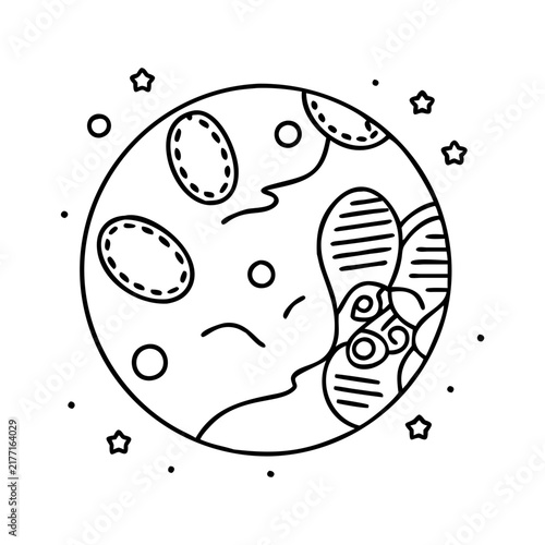 Sad alien floating in space with stars - A cute cartoon alien with a sad face floating among stars and planets in outer space.