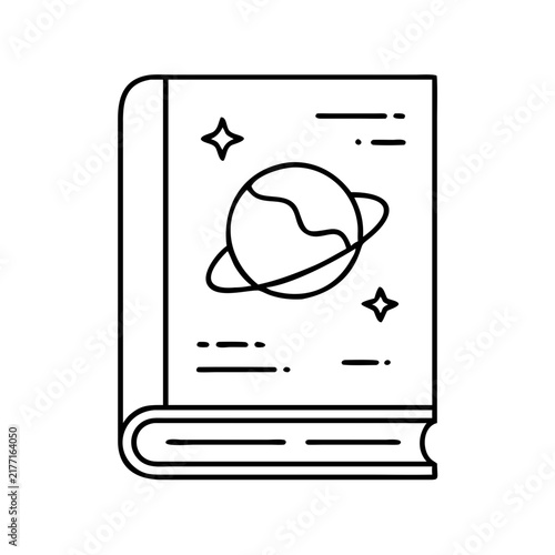 Open book with planet and stars illustration - Minimalist vector icon of an open book showing a planet and stars inside, perfect for science or fantasy themes.