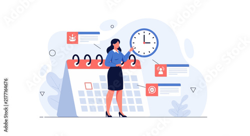 Businesswoman managing schedule with calendar, clock, and task notifications in a flat design illustration