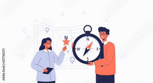 Business Team Navigating Strategy with Compass and Map Illustration