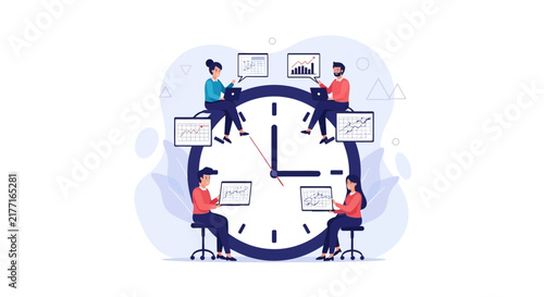 Business Team Collaboration Around Clock, Analyzing Data and Reports for Time Management and Efficiency