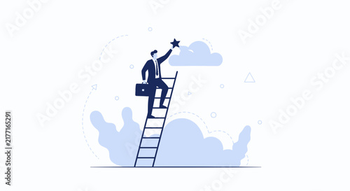 Businessman climbing ladder to reach star in clouds, symbolizing success, ambition, and achieving goals.
