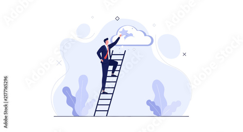 Businessman climbing ladder to reach star in cloud, symbol of ambition, success, goals, and career growth