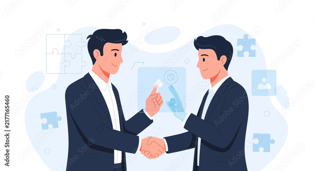 Fototapeta premium Businessmen shaking hands over a futuristic holographic interface, symbolizing partnership and innovation.