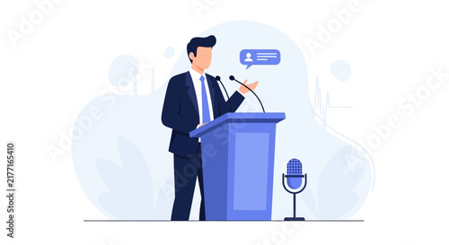 Businessman Speaking at Podium with Microphone and Speech Bubble - Vector Illustration for Presentation, Public Speaking, and Communication Concepts