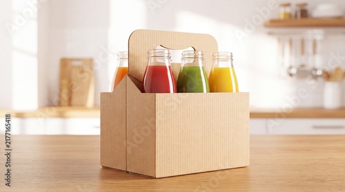 A mockup of juice bottle packaging in a cardboard carrier, featuring vibrant colored beverages set on a kitchen countertop