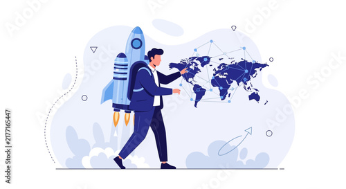 Businessman with Rocket Backpack and World Map Network, Concept for Global Business Expansion and Innovation