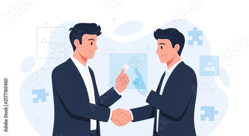 Businessmen shaking hands over a futuristic holographic interface, symbolizing partnership and innovation.