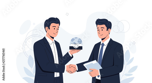 Businessmen shaking hands, representing partnership and global agreement, with a globe trophy