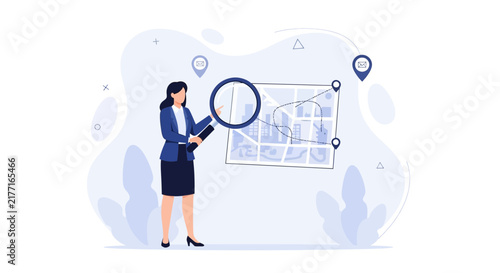 Businesswoman analyzing city map with magnifying glass, exploring logistics and navigation routes