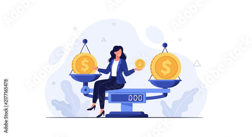 Businesswoman Balancing Coins on a Scale, Symbolizing Financial Equilibrium and Investment Decisions