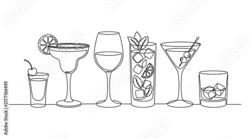Various alcoholic cocktails line art illustration set on bar counter with cocktail set