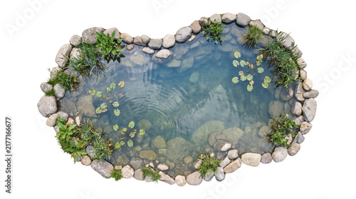 Garden pond with rocks top view isolated on transparent background