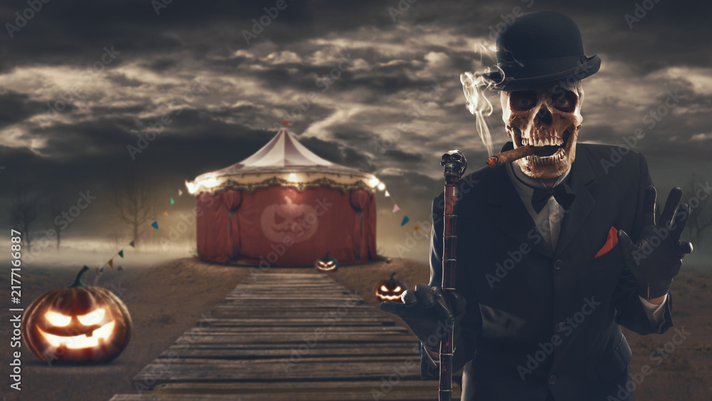 Naklejka premium Creepy circus tent and scary character