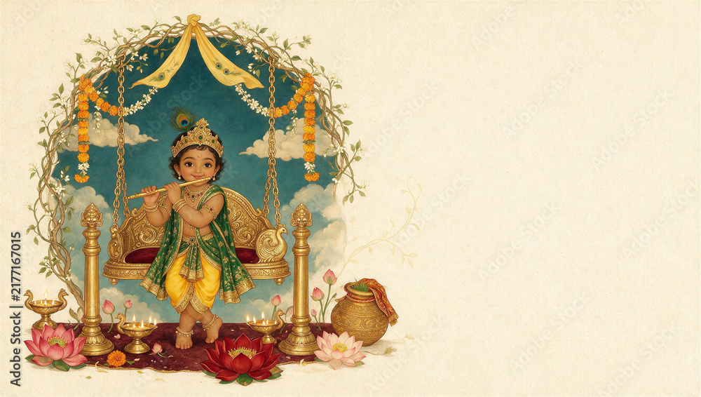 Obraz premium Illustrated Baby Krishna Playing Flute on Golden Swing