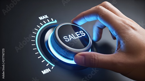 Sales performance concept with hand adjusting a digital control dial toward maximum results