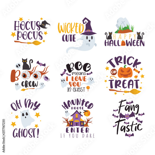 Set of ten halloween typography quote designs for festive apparel and holiday crafts. Halloween Lettering Quotes
