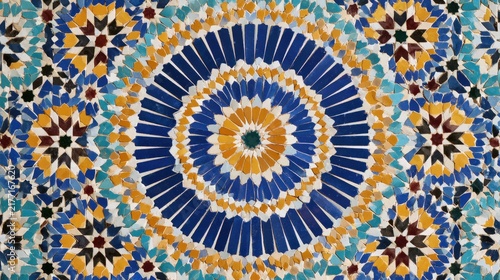 Intricate Moroccan mosaic tilework features geometric blue and yellow patterns in bright daylight. Perfect architectural background for cultural design projects.