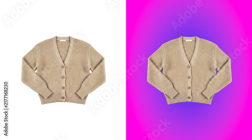 Canvastavla A beige knitted cardigan with av-neckline and buttons down the front isolated on