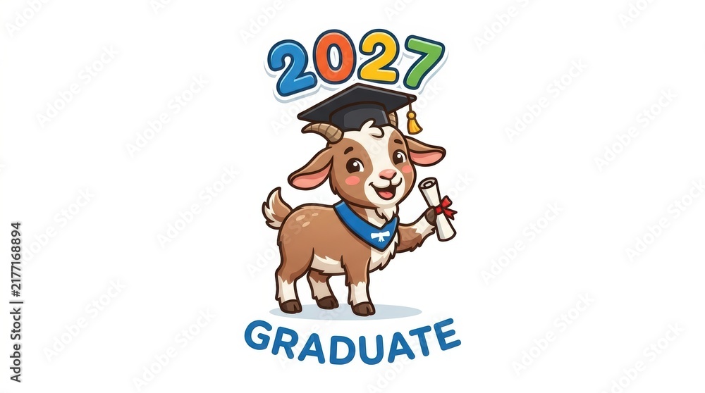 Fototapeta premium 2027 graduation celebration with adorable cartoon goat in cap and diploma