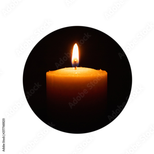 Obraz na płótnie A close-up shot of a burning religion candle with a warm glowing flame framed inside a dark circle, isolated against a solid white background with an implied transparent layer and cut-out path