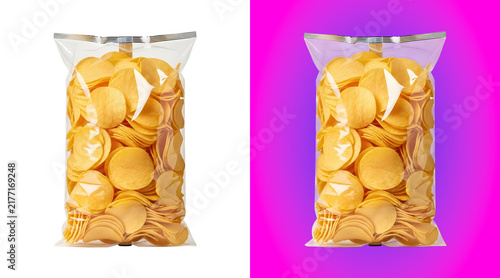 Cuadro en lienzo A clear plastic bag filled with golden potato chips, isolated on a white backgro