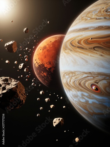 Jupiter and a red planet are framed by floating asteroids against a dark cosmic background with warm illuminated surfaces.