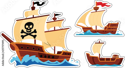 Foto Pirate ship sticker set featuring a large galleon with skull and crossbones sails, a merchant caravel vessel, and a small wooden rowboat carrying a treasure chest