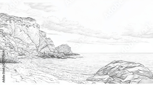 Detailed monochrome pencil drawing of a rugged coastline featuring majestic cliffs, a rocky beach, calm sea, and cloudy sky