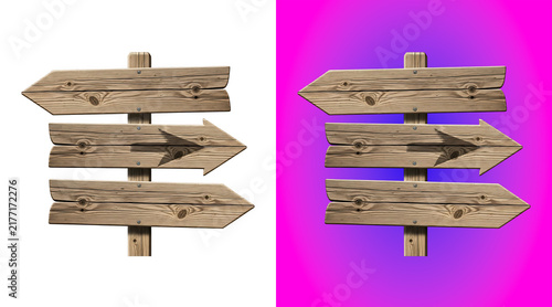 Canvas Print A wooden directional signpost with three arrow-shaped planks pointing in differe