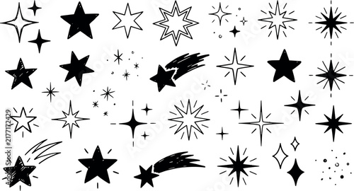 Hand drawn starburst and comet silhouettes on a white background with copy space for design