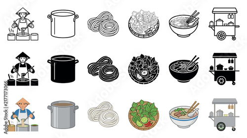 Vietnamese food icons collection showcasing pho, ingredients, and street vendor elements in various styles, perfect for culinary design projects.