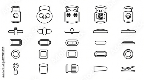 Vector Set of Cord Lock and Toggle Hardware Line Icons for Apparel and Bag Design