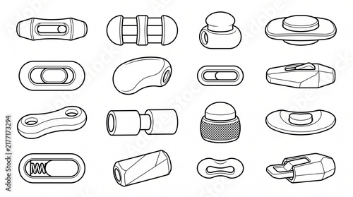 Vector Set of Cord Locks, Toggles, and Plastic Hardware Stopper Icons for Clothing and Outdoor Gear Design