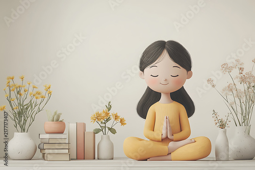 Cute Girl Meditating in Lotus Pose 3D Character Illustration Mindfulness and Wellness Concept