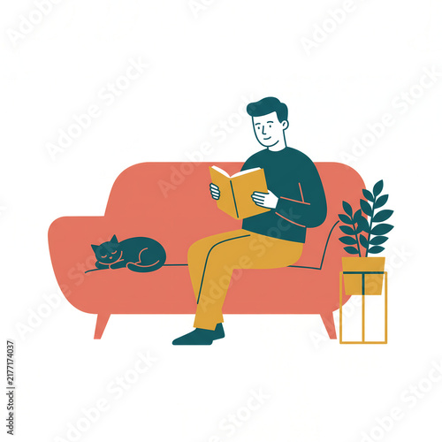 Young Man Reading a Book on a Sofa with a Sleeping Cat and Houseplant, Flat Vector Illustration Isolated on White Background