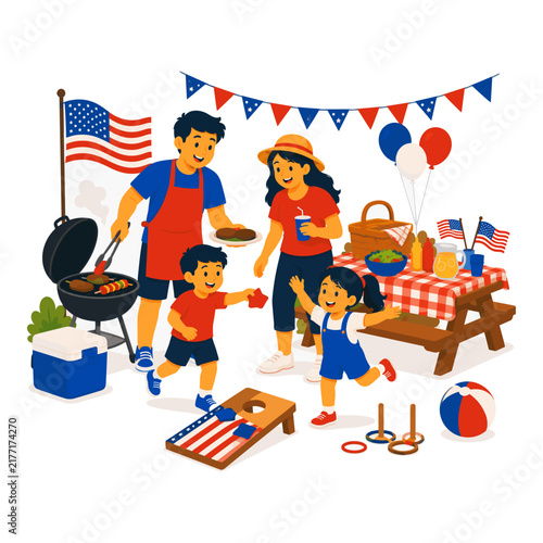 Family Backyard Picnic and Barbecue for Patriotic Summer Celebration