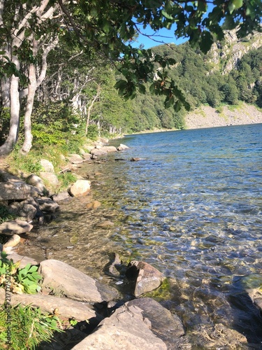 Konstfotografi Clear transparent water ripples along a rocky mountain lake shore against green forested hills