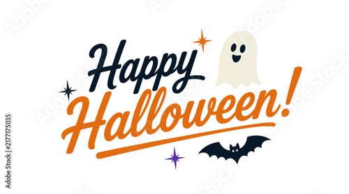 Happy Halloween lettering with ghost and bat.