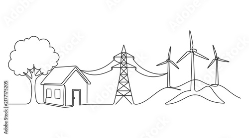 Continuous line art illustration of wind turbines and electricity transmission to house with wind turbine