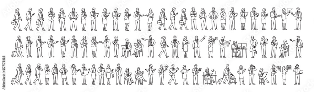 Obraz premium Business People Line Art Collection Showing Office Team Interactions, Communication, and Workplace Activities