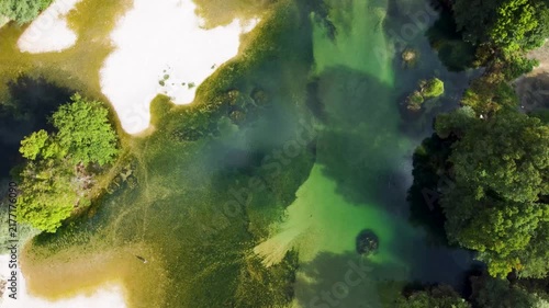 River flowing through trees in untouched nature, aerial drone view. Crystal clear water of the river meandering through a lush forest, view from above. Una River landscape in Bosnia and Herzegovina.
