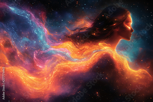 Surreal Celestial Cosmic Woman Silhouette Floating in Cosmic Galaxy Nebula Waves Space Digital Art