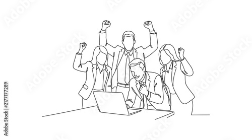 Business team celebrating success with laptop in office vector line art business celebration colleagues