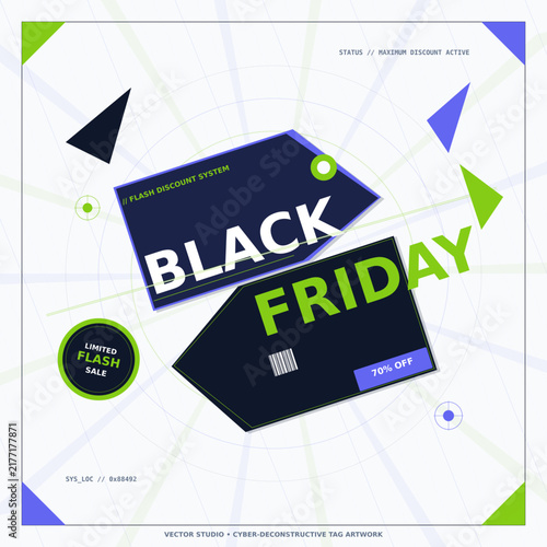 Futuristic Cyber Deconstructive Black Friday Sale Poster with Abstract Geometric Tags and Neon Accent Colors