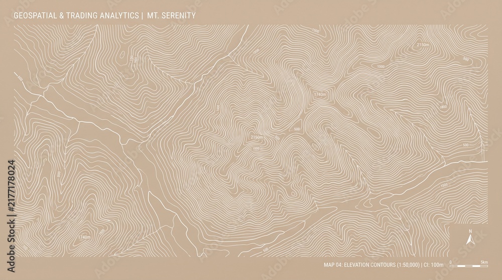 Obraz premium Topographic map illustration featuring white elevation contour lines on a solid muted brown background with background technical labels labels scale bar